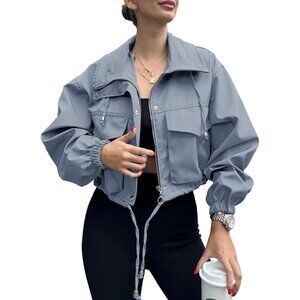 Womens Blue Grey Tankaneo Cropped Jacket Zip Up Oversized Utility Anorak Coat